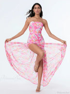 Strapless High Slit Mesh Hem Floral Dress image 2