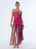 Strapless High Slit Mesh Hem Floral Dress image 4