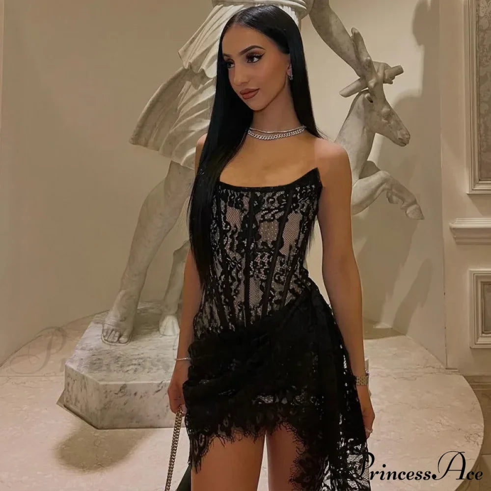 Strapless Lace Trim Corset Party Club Mini Dress image 5