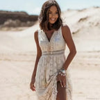Strapless Lace Up Tassel Splicing Summer Maxi Boho Dress image 3