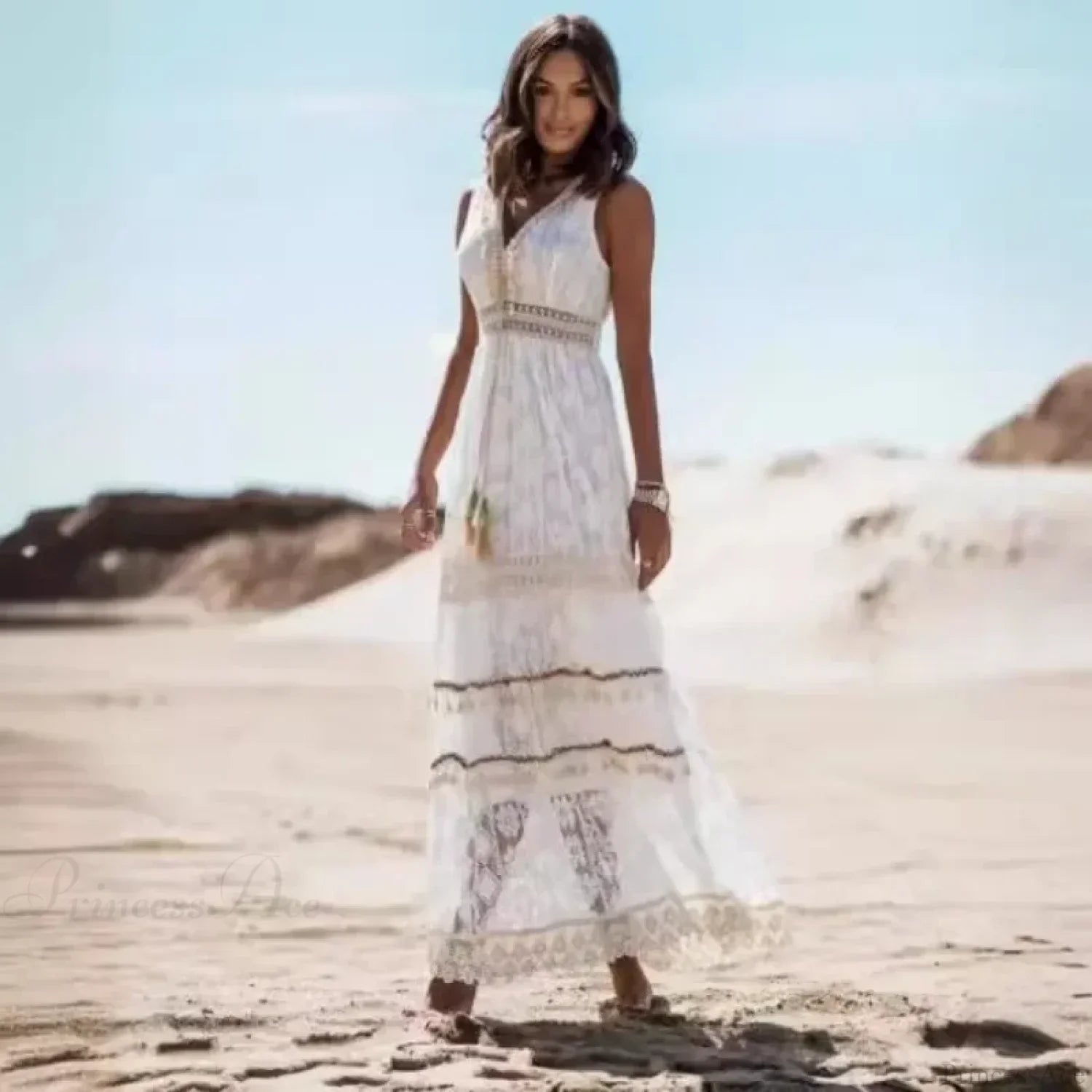 Strapless Lace Up Tassel Splicing Summer Maxi Boho Dress image 1
