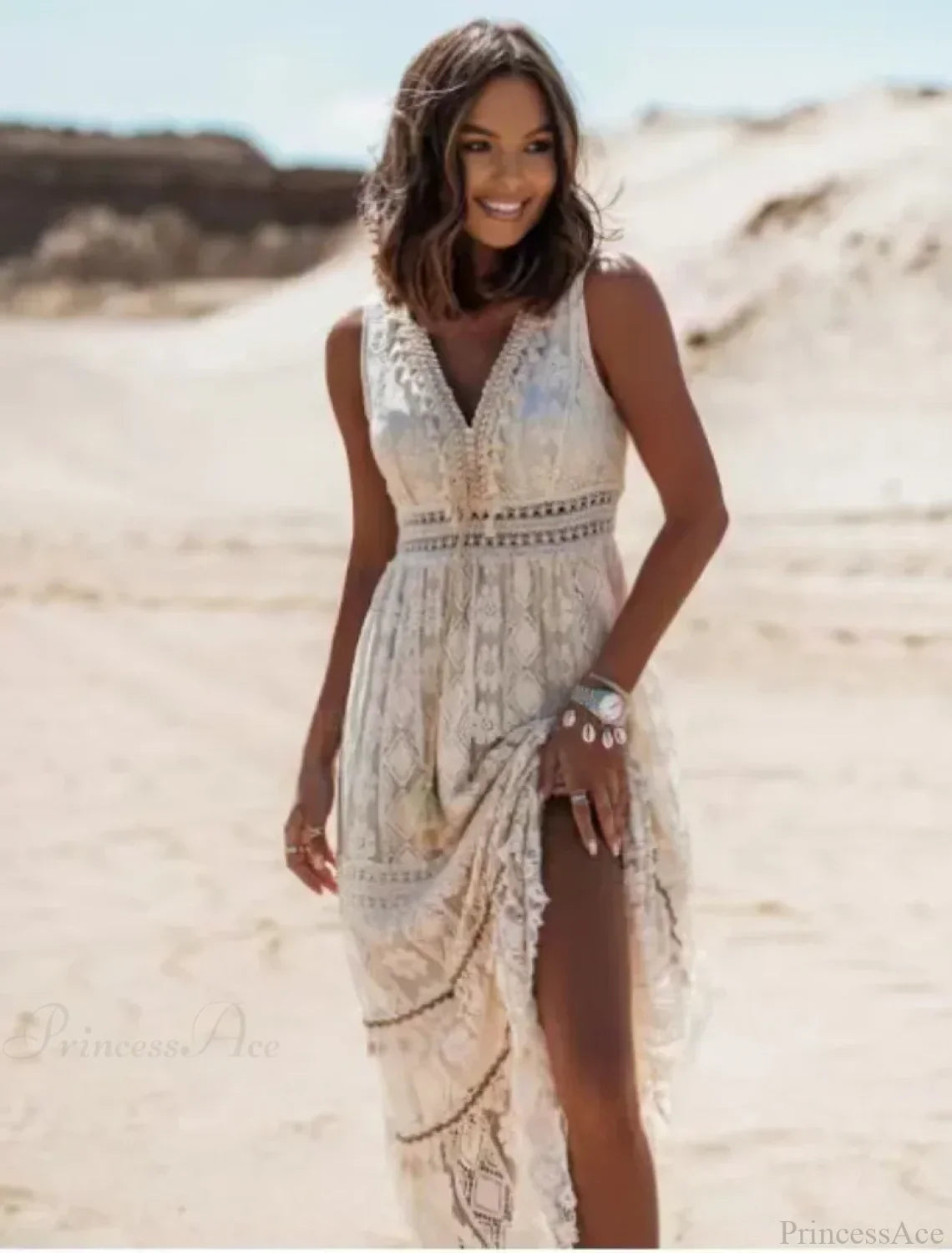 Strapless Lace Up Tassel Splicing Summer Maxi Boho Dress image 2