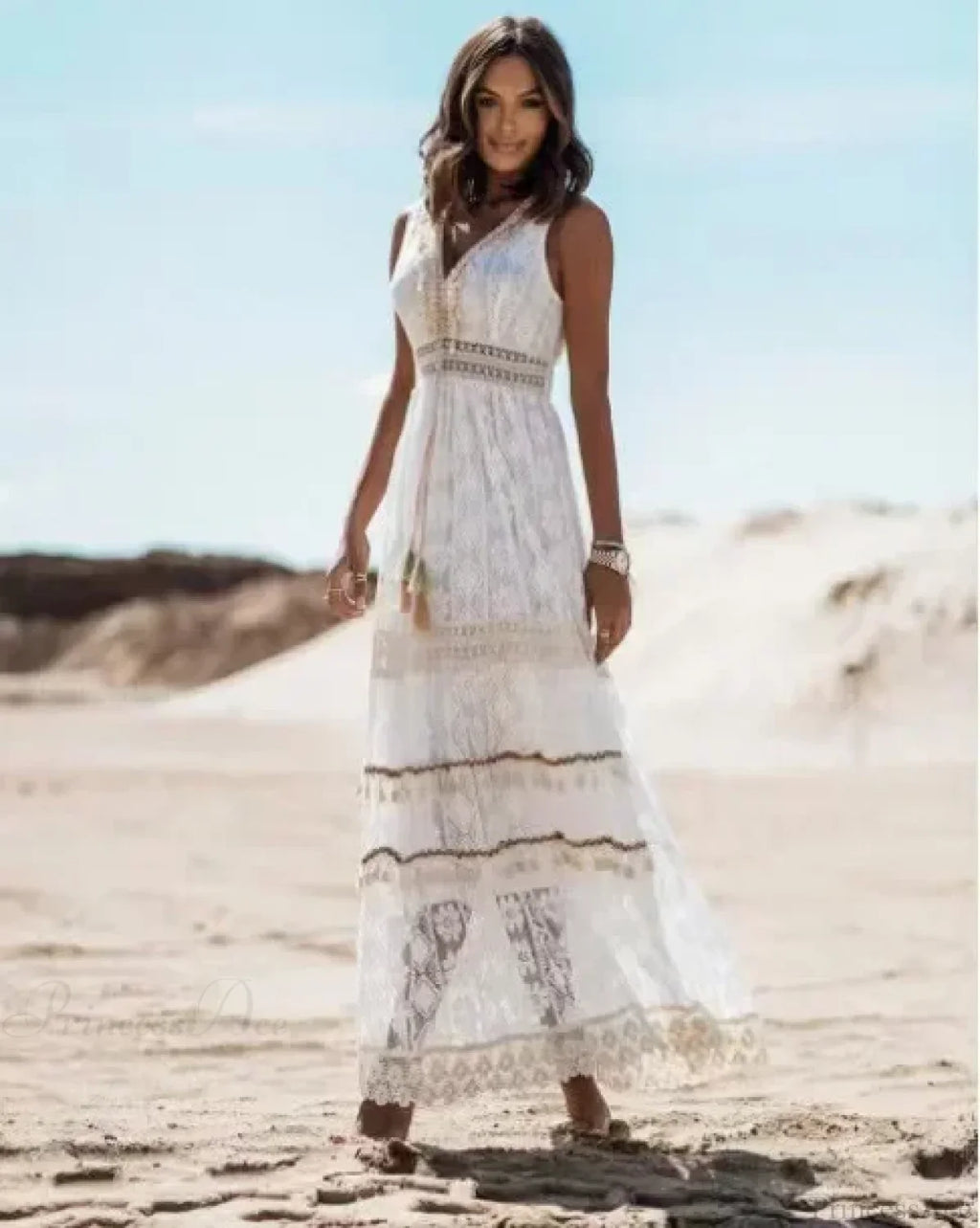 Strapless Lace Up Tassel Splicing Summer Maxi Boho Dress image 7