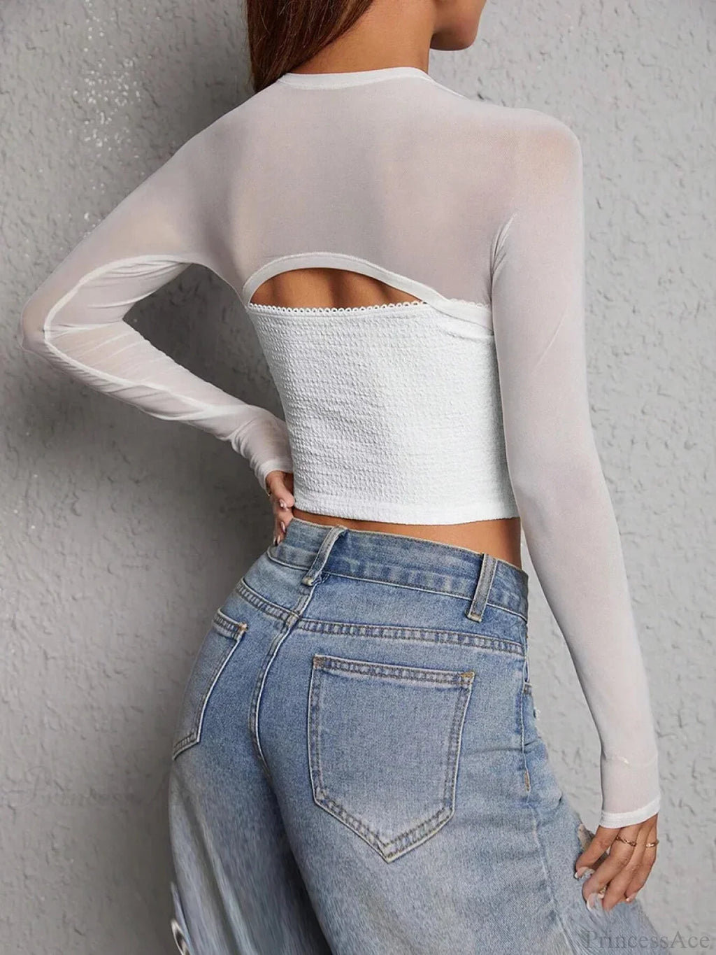 Strapless Low-cut Mesh Cutout Long Sleeve Crop Top image 5