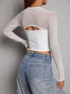Strapless Low-cut Mesh Cutout Long Sleeve Crop Top image 5