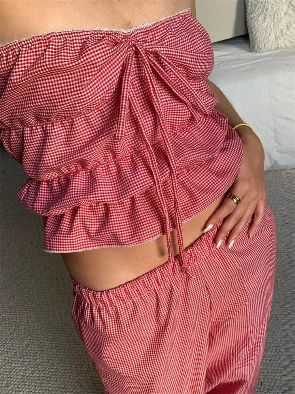 Strapless Plaid Ruched Backless Tube Crop Top image 5