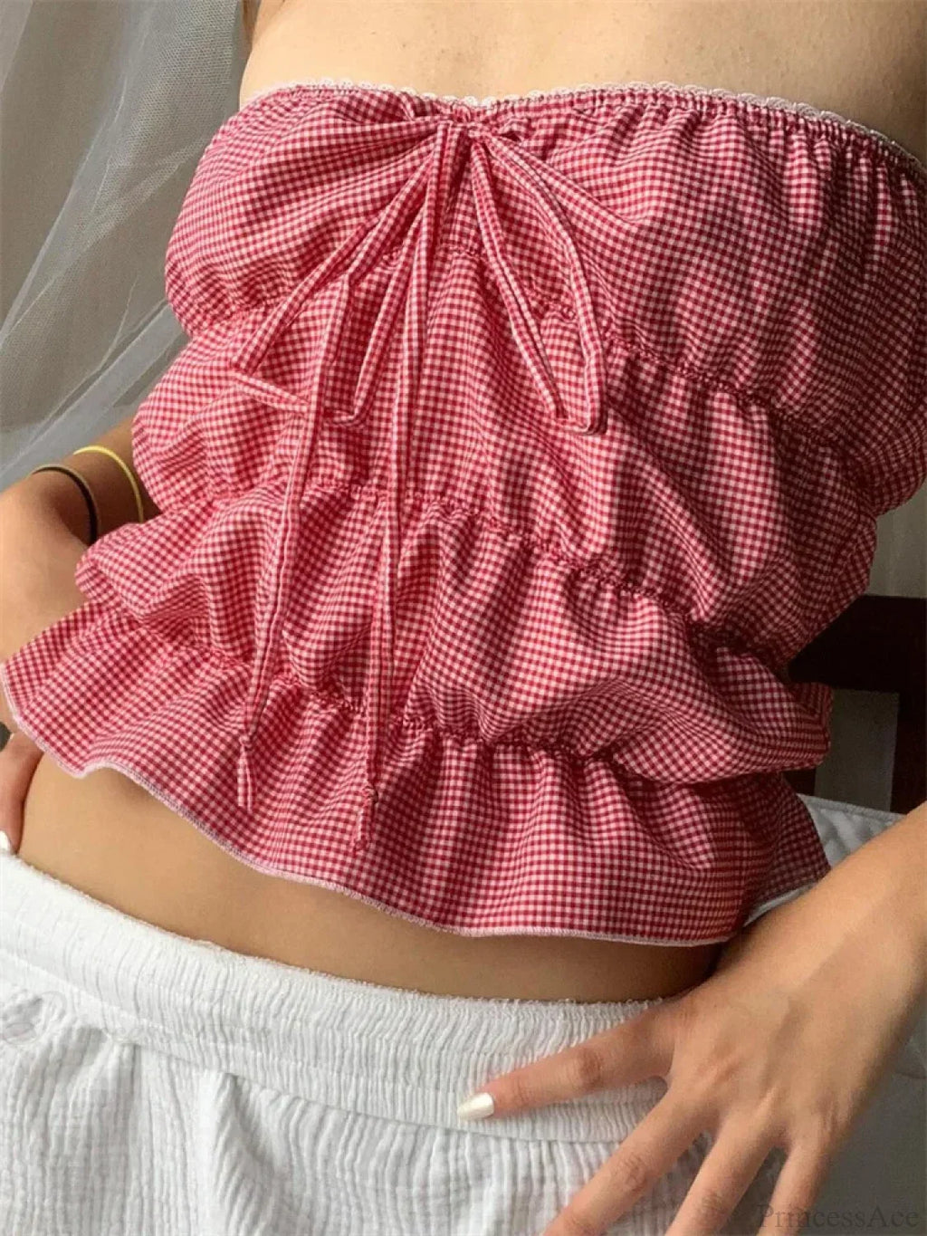 Strapless Plaid Ruched Backless Tube Crop Top image 4