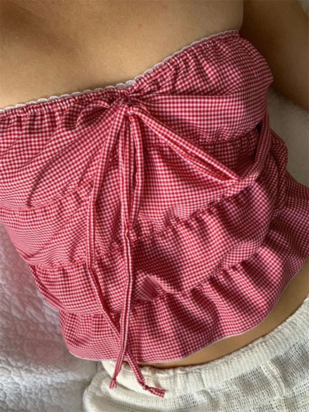Strapless Plaid Ruched Backless Tube Crop Top image 6