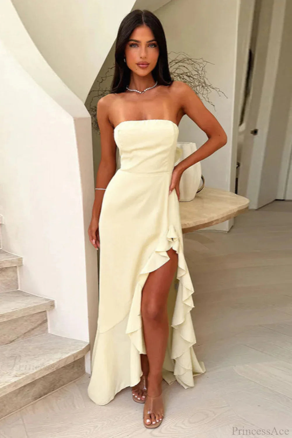 Strapless Ruffled Split Maxi Dress image 2