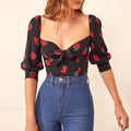 Strawberry Print Sweetheart Neck Slim Smocked Puff Blouse image 1