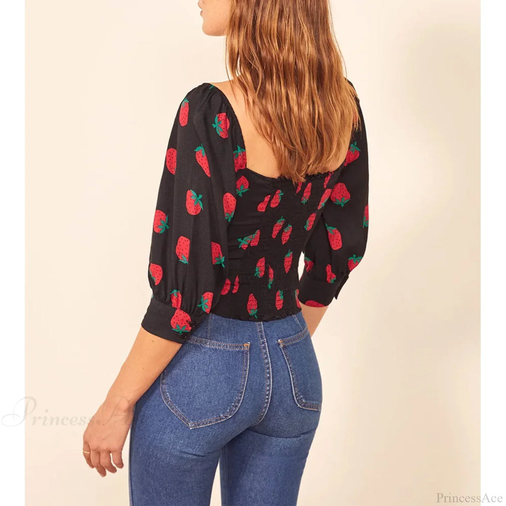 Strawberry Print Sweetheart Neck Slim Smocked Puff Blouse image 2