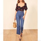 Strawberry Print Sweetheart Neck Slim Smocked Puff Blouse image 3