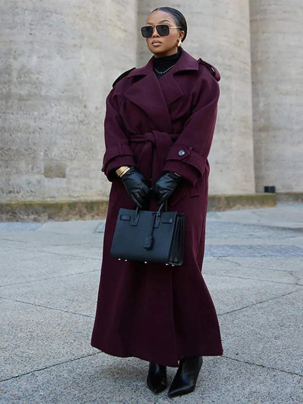 Street Burgundy Woolen Belted Overcoat image 3