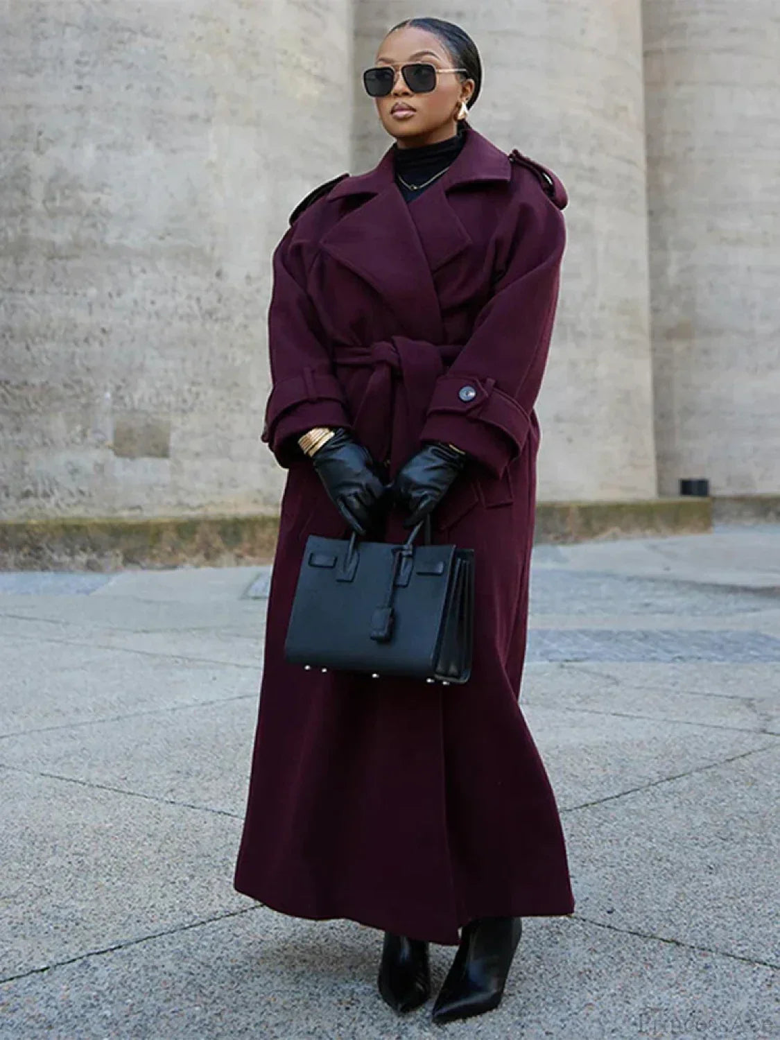 Street Burgundy Woolen Belted Overcoat image 3