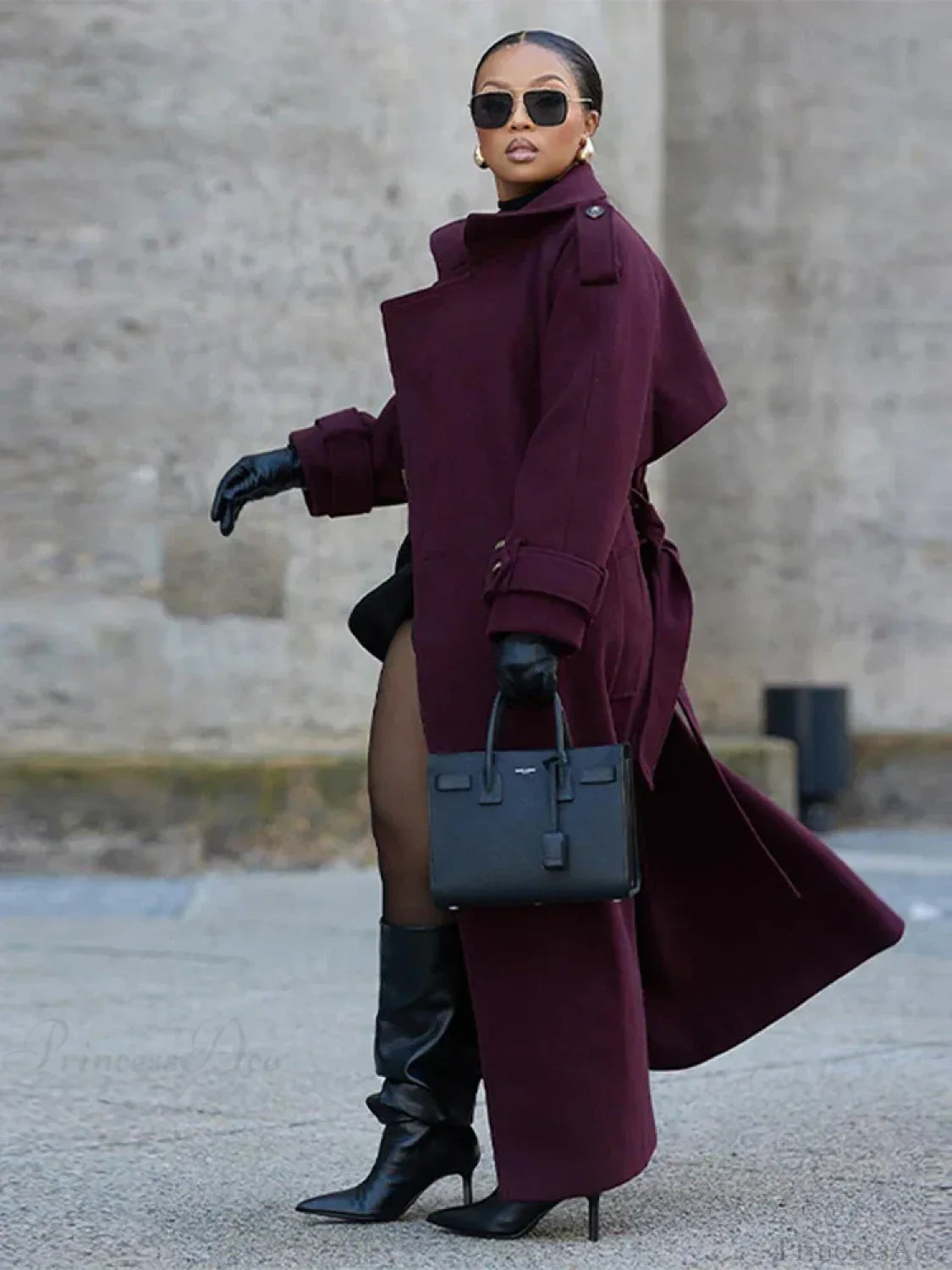 Street Burgundy Woolen Belted Overcoat image 5