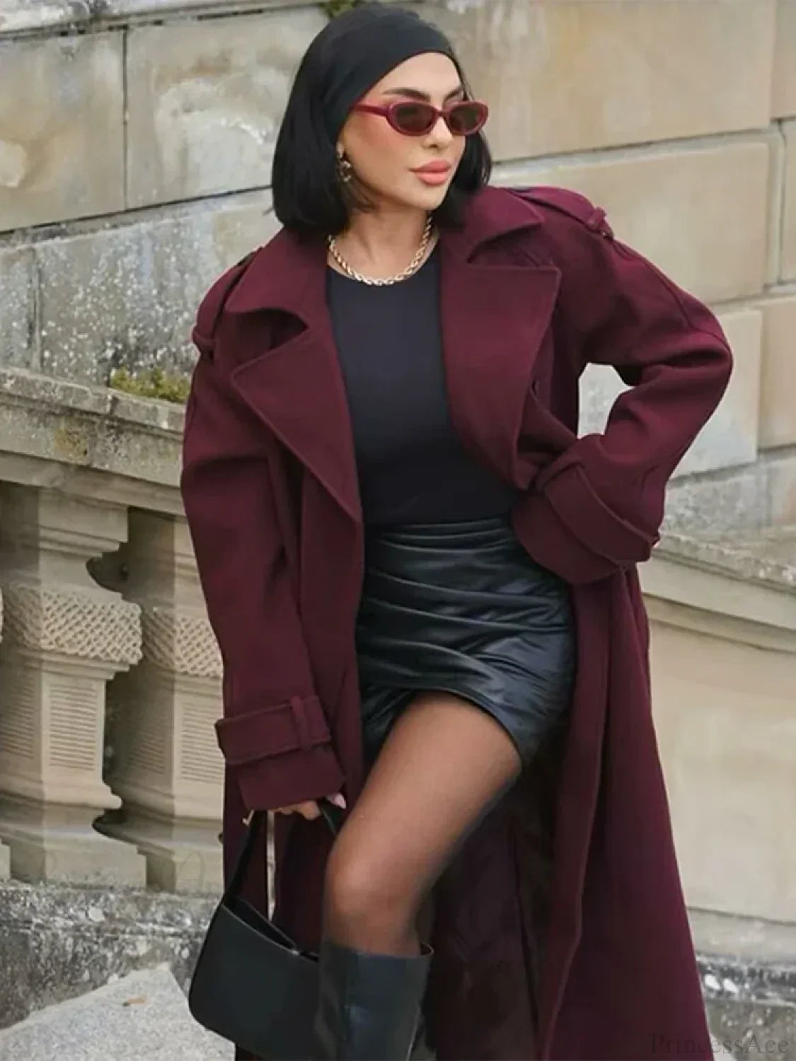 Street Burgundy Woolen Belted Overcoat image 2