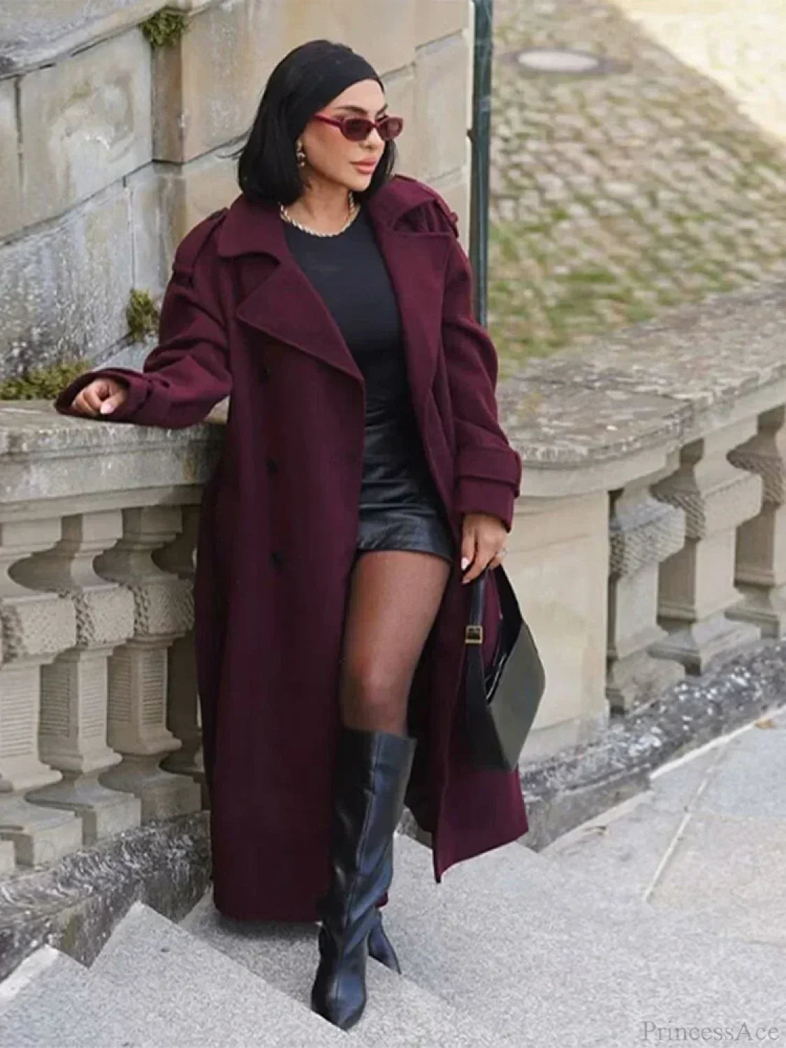 Street Burgundy Woolen Belted Overcoat image 1