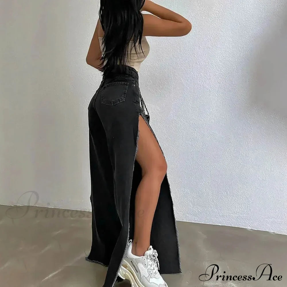 Street Hipster Double-Slit Wide-Leg Denim Jeans image 2