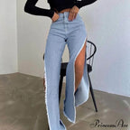 Street Hipster Double-Slit Wide-Leg Denim Jeans image 3