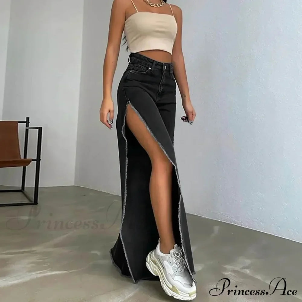 Street Hipster Double-Slit Wide-Leg Denim Jeans image 4