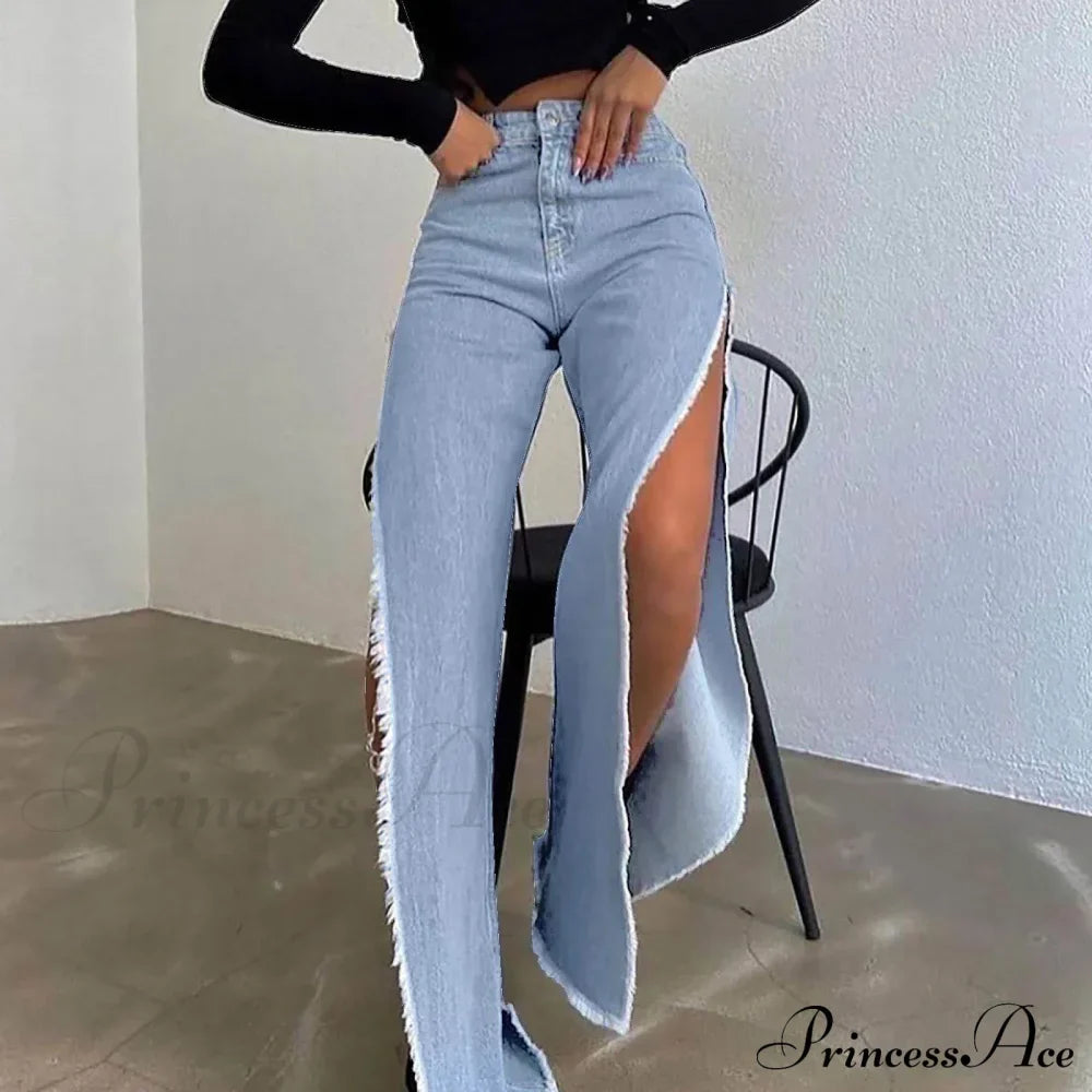 Street Hipster Double-Slit Wide-Leg Denim Jeans image 5