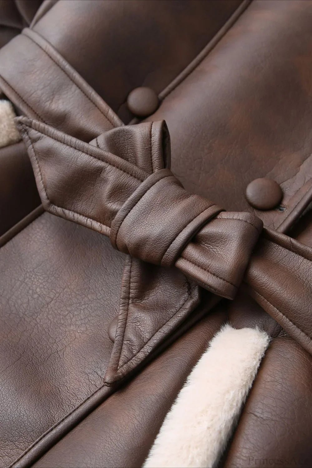 Street Style Color Block Tie Waist Faux Leather Coat image 4