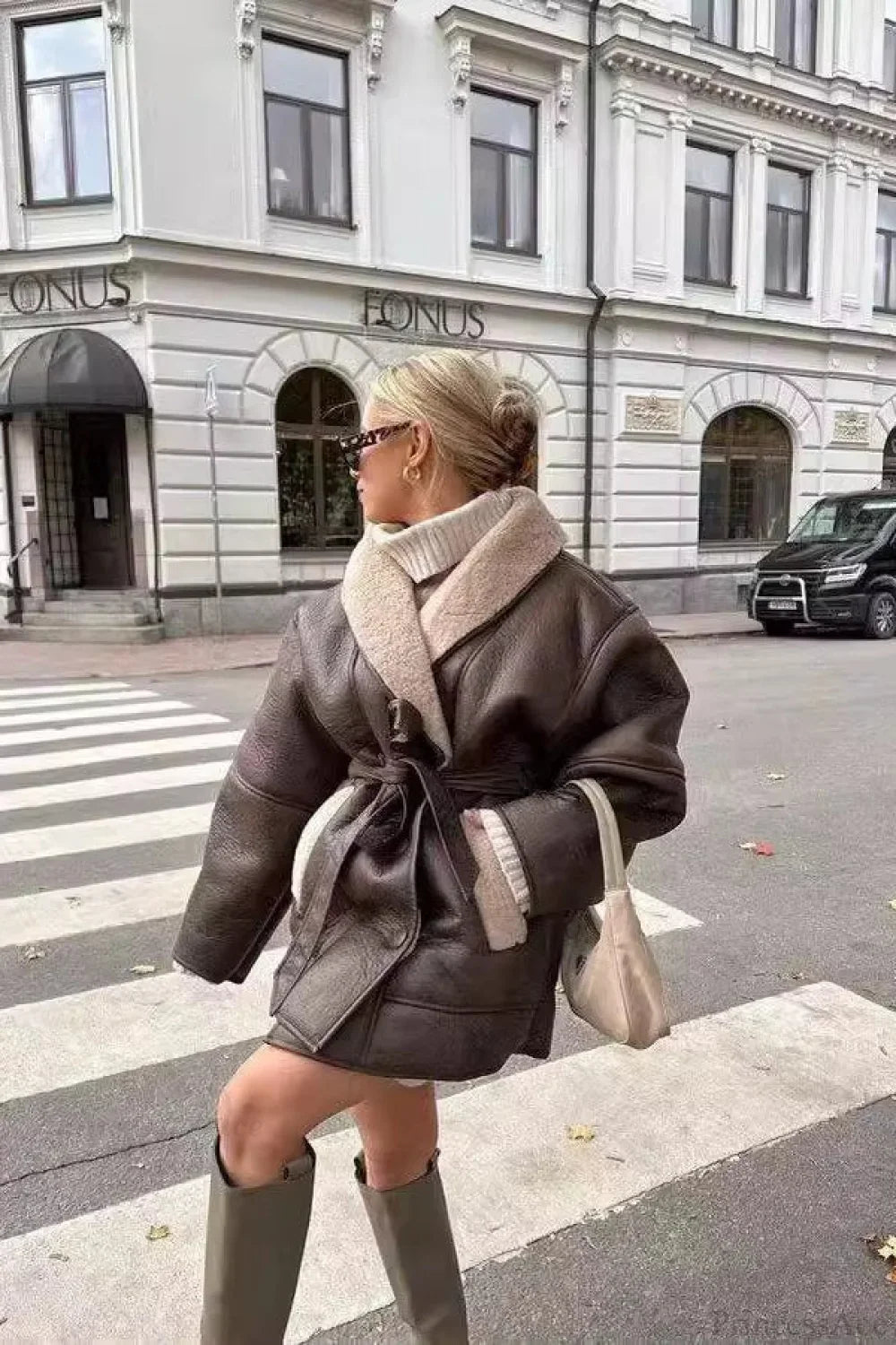 Street Style Color Block Tie Waist Faux Leather Coat image 1