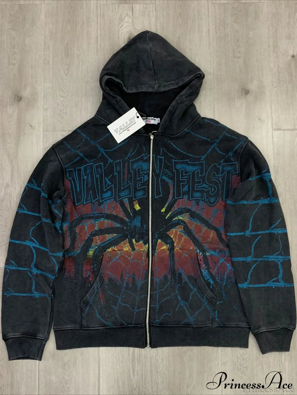Streetwear Spider Web Vintage Print Zip Hoodie image 1