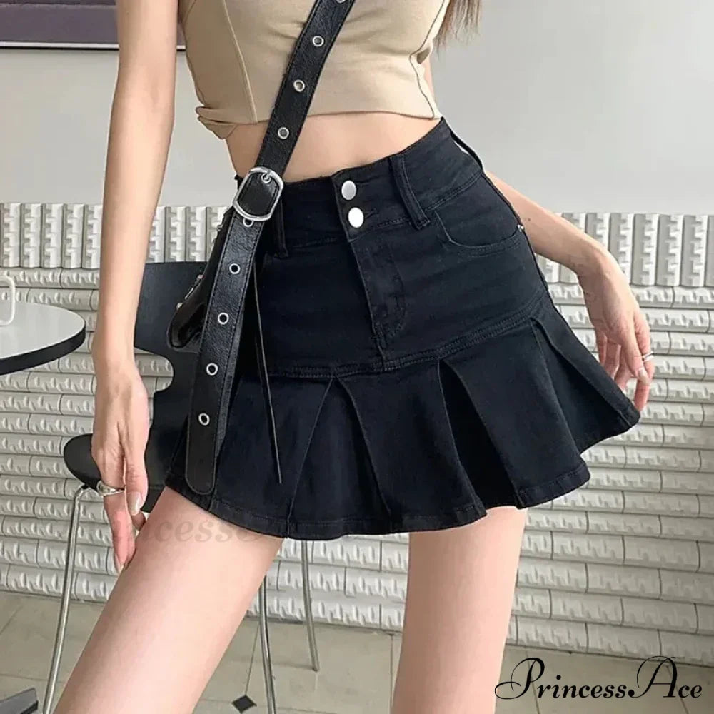 Streetwear Waist Gothic Black Pleated Autumn Skirt image 1