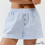 Stripe Print Pajama Boxer Elastic Waist Button Decor Straight Leg Sleeping Pants Short image 1