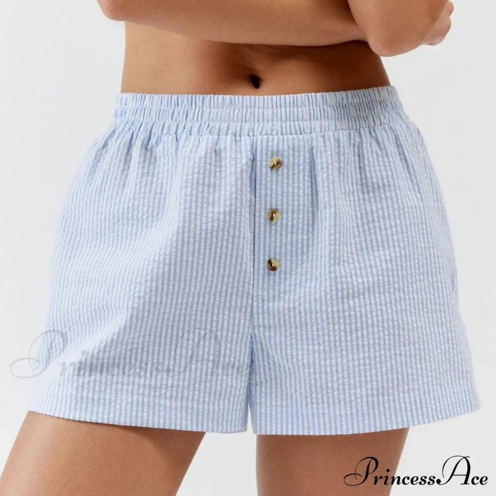 Stripe Print Pajama Boxer Elastic Waist Button Decor Straight Leg Sleeping Pants Short image 1