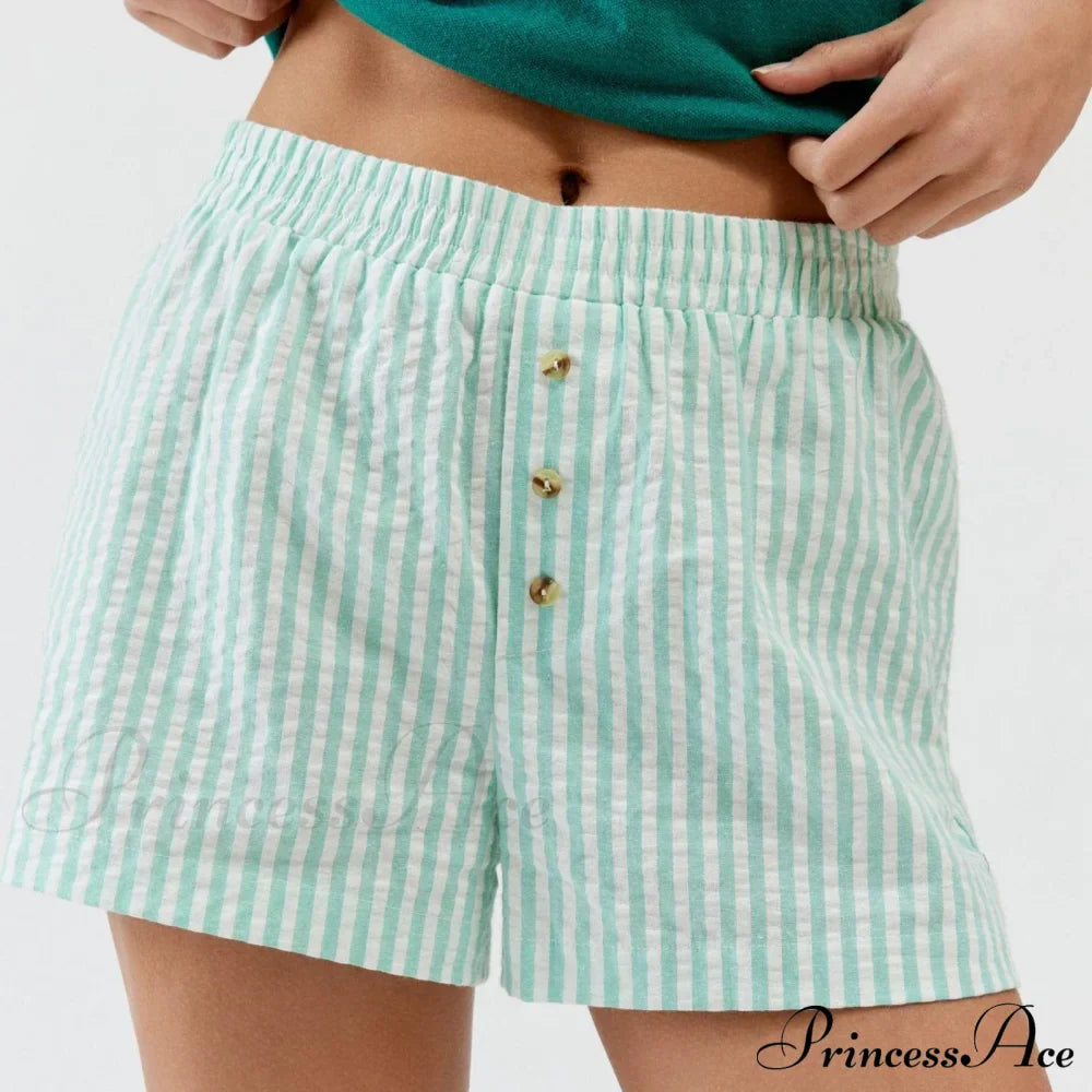 Stripe Print Pajama Boxer Elastic Waist Button Decor Straight Leg Sleeping Pants Short image 2