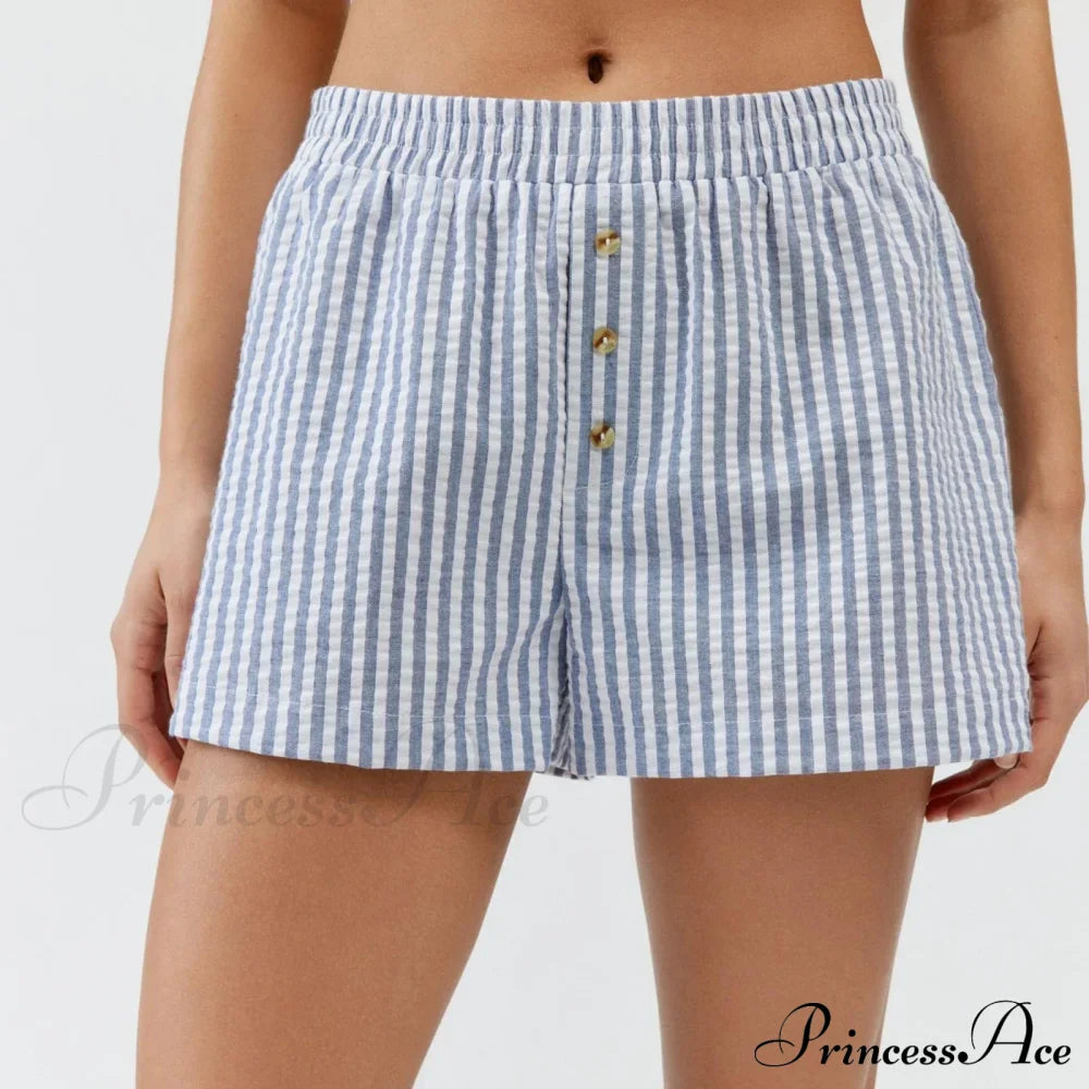 Stripe Print Pajama Boxer Elastic Waist Button Decor Straight Leg Sleeping Pants Short image 5
