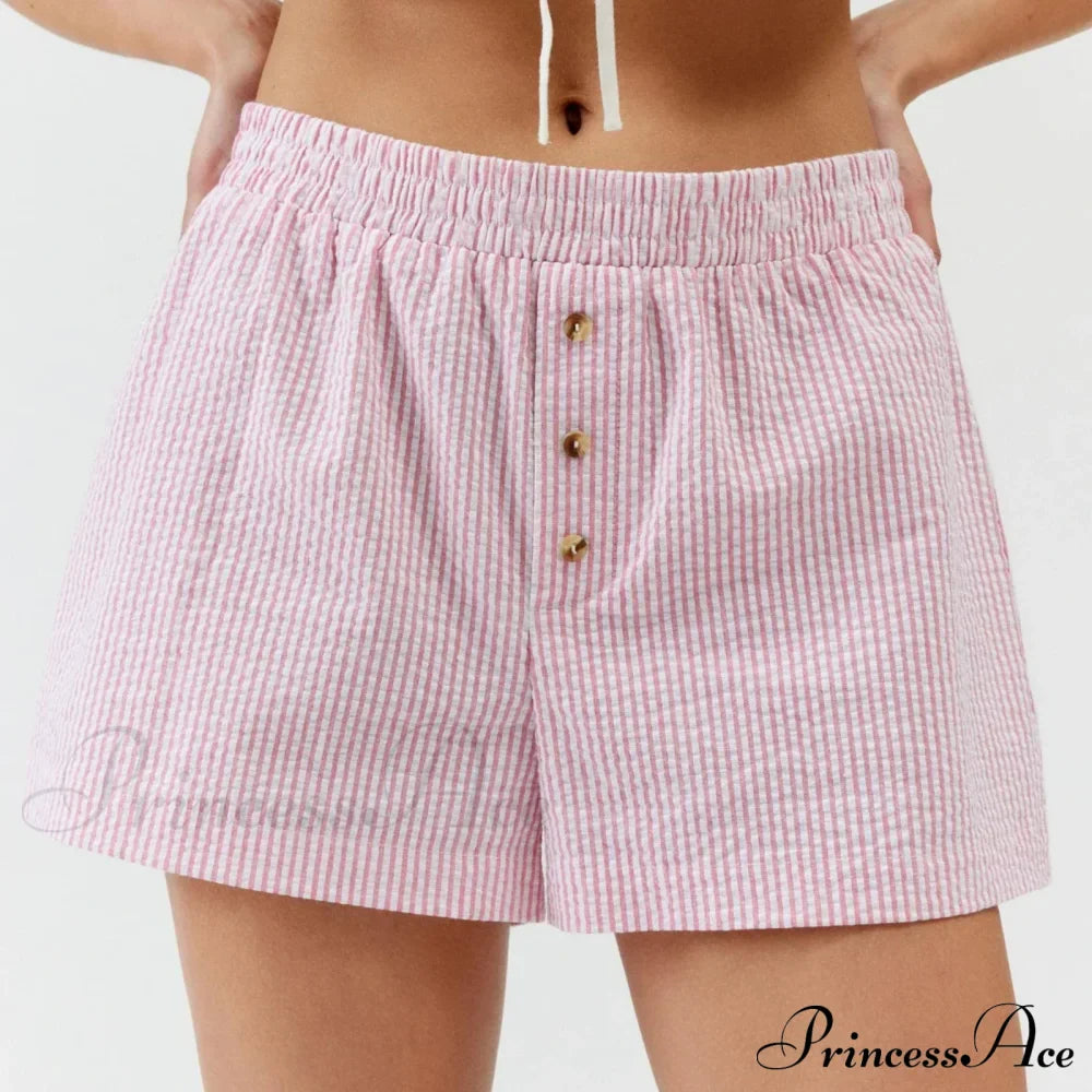 Stripe Print Pajama Boxer Elastic Waist Button Decor Straight Leg Sleeping Pants Short image 3
