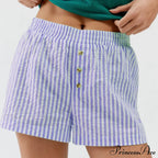 Stripe Print Pajama Boxer Elastic Waist Button Decor Straight Leg Sleeping Pants Short image 6