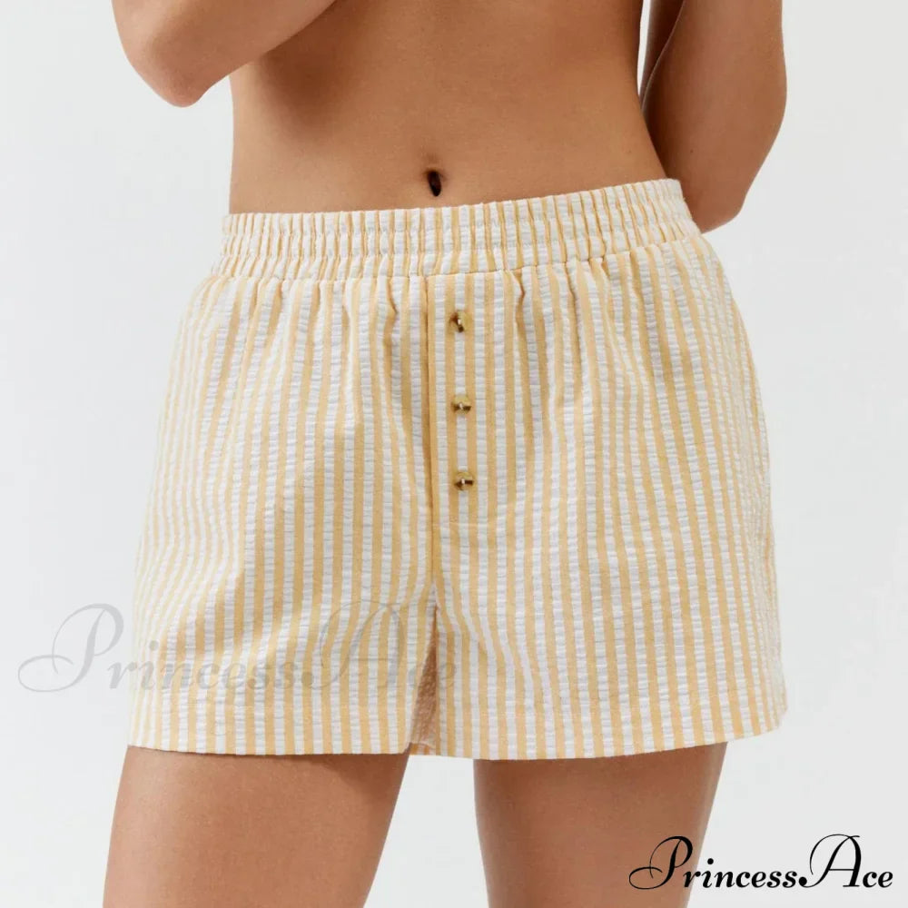 Stripe Print Pajama Boxer Elastic Waist Button Decor Straight Leg Sleeping Pants Short image 4