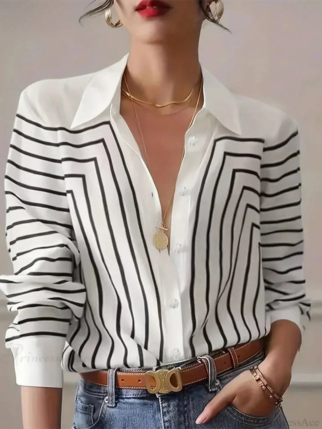 Stripe Printed O-neck Blouse Office Wear Blouse image 3