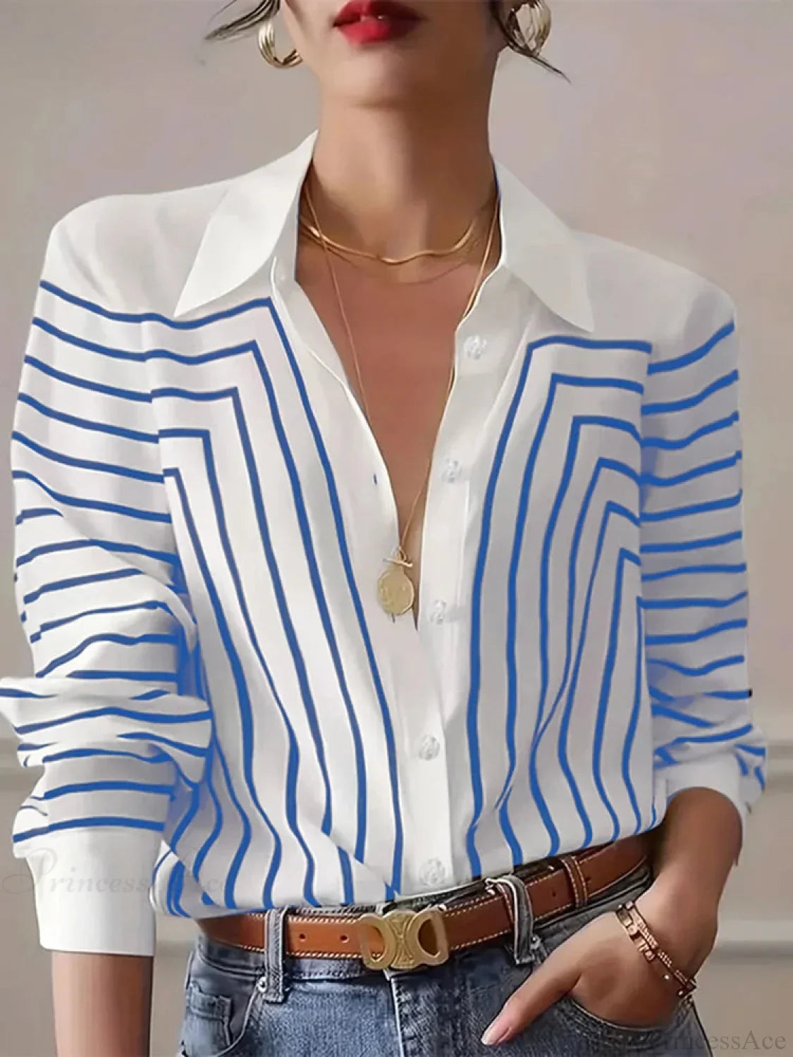 Stripe Printed O-neck Blouse Office Wear Blouse image 2