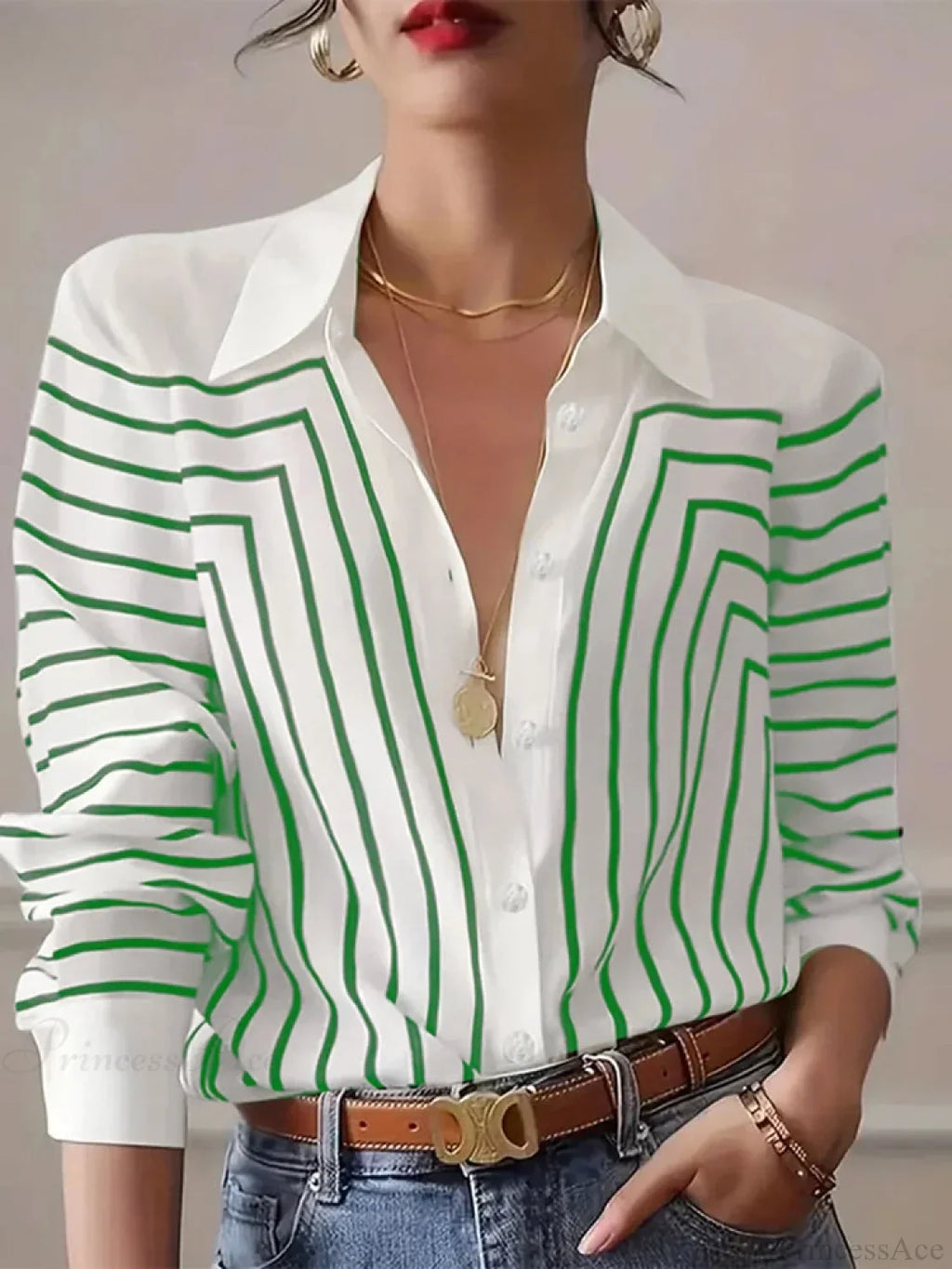 Stripe Printed O-neck Blouse Office Wear Blouse image 1