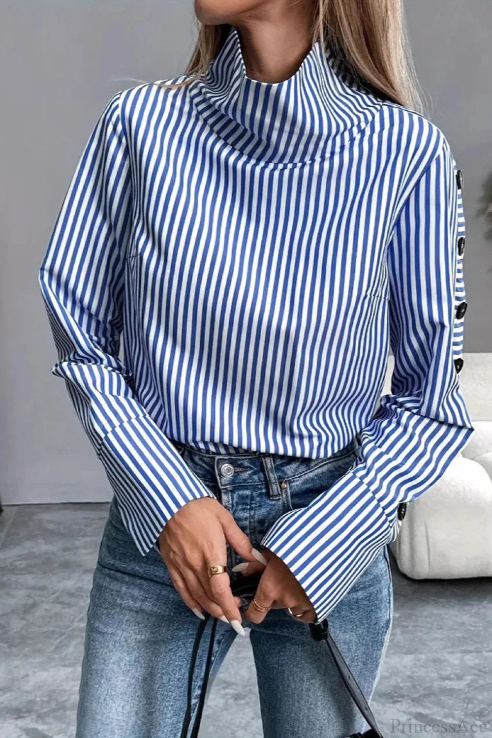 Stripe Spliced Button Pullover Blouse image 3