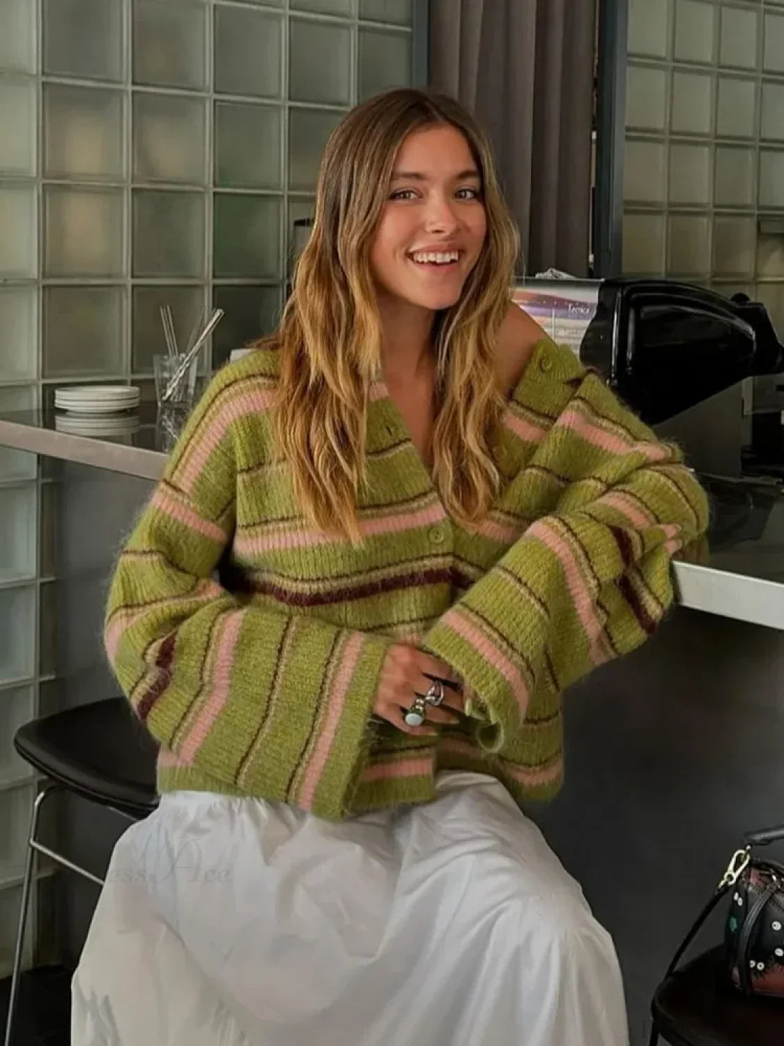 Stripe V-neck Single Breasted Cardigan image 1