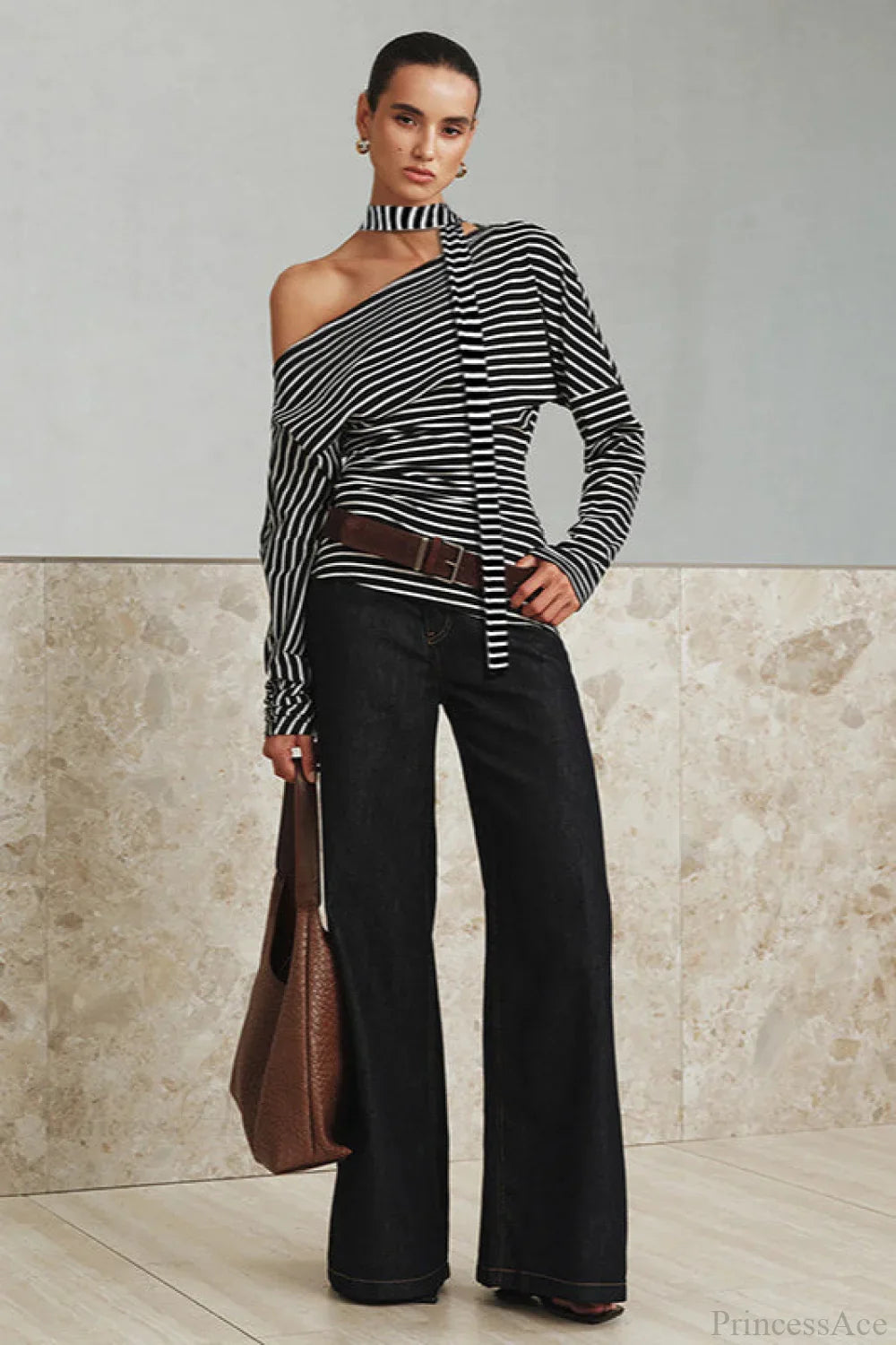 Striped Asymmetrical Shoulder Long Sleeve Tee image 3