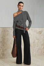 Striped Asymmetrical Shoulder Long Sleeve Tee image 3