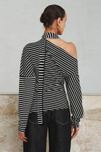 Striped Asymmetrical Shoulder Long Sleeve Tee image 4