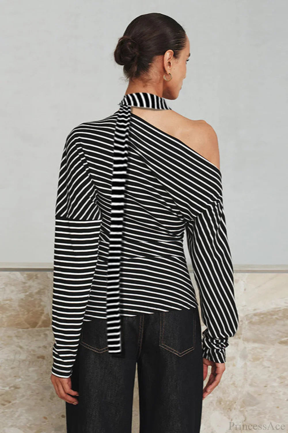 Striped Asymmetrical Shoulder Long Sleeve Tee image 4