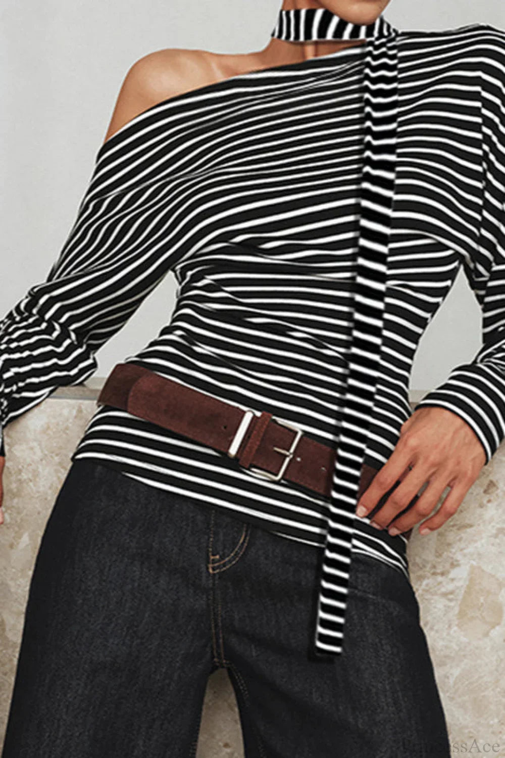 Striped Asymmetrical Shoulder Long Sleeve Tee image 2
