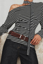 Striped Asymmetrical Shoulder Long Sleeve Tee image 2