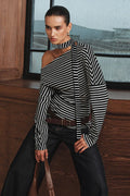 Striped Asymmetrical Shoulder Long Sleeve Tee image 1