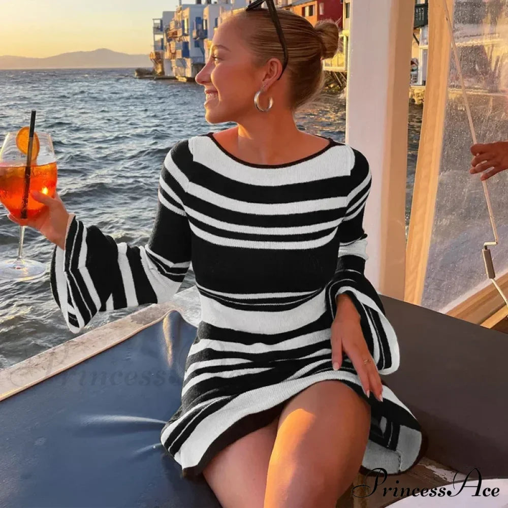 Striped Backless Flare Sleeve Mini Dress image 1