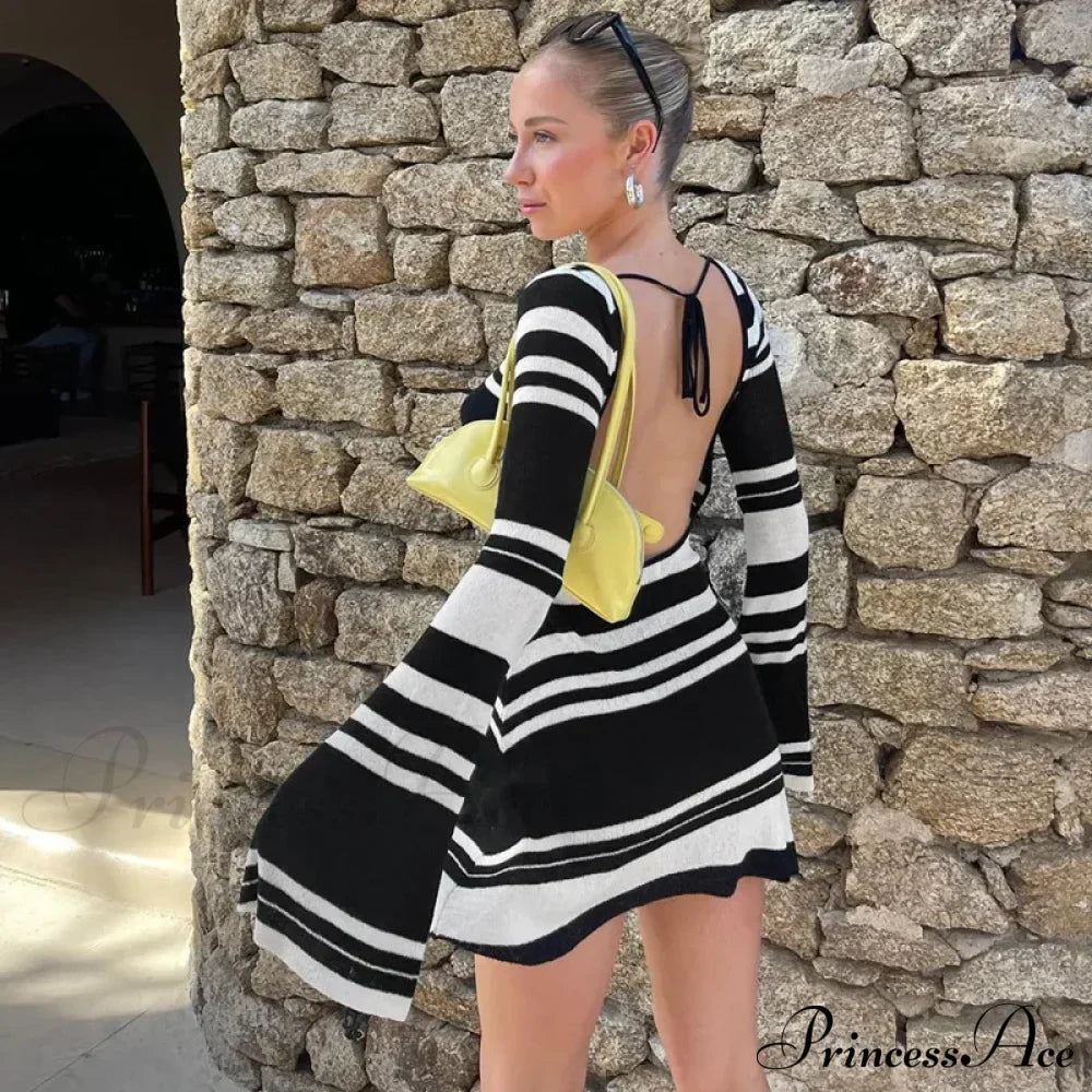 Striped Backless Flare Sleeve Mini Dress image 7
